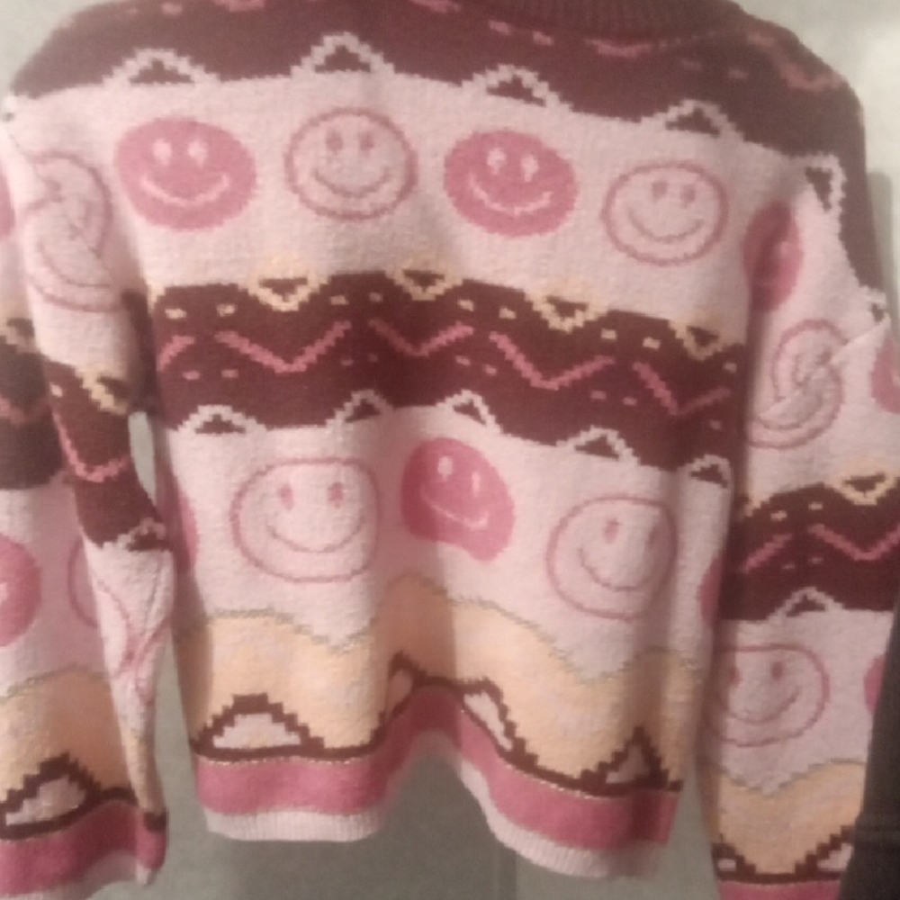 Pink and Brown Crew Neck Sweater with Smiley Faces